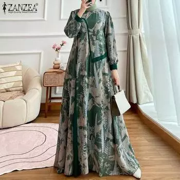 ZANZEA Женское повседневное длинное платье с круглым вырезом и длинным рукавом с принтом