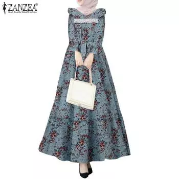 ZANZEA Женское повседневное длинное платье с круглым вырезом и длинным рукавом с цветочным принтом