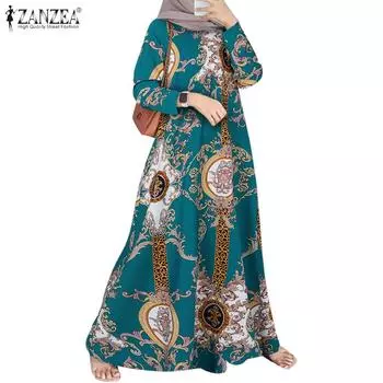 ZANZEA Женское повседневное длинное платье с круглым вырезом и длинным рукавом с принтом S чёрный