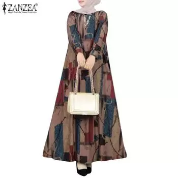 ZANZEA Женское повседневное длинное платье с длинным рукавом и круглым вырезом с принтом S зелёный