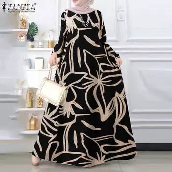 ZANZEA Женское повседневное длинное платье с круглым вырезом и длинным рукавом в стиле ретро с принтом S чёрный