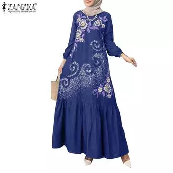 ZANZEA Женское повседневное длинное платье с круглым вырезом в стиле ретро и длинными рукавами S синий