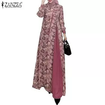 ZANZEA Женское повседневное длинное платье с круглым вырезом и длинными рукавами в стиле пэчворк L розовый