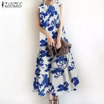 ZANZEA Женское повседневное длинное платье с круглым вырезом без рукавов с принтом на лето S зелёный