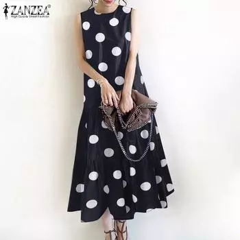 ZANZEA Женское повседневное длинное платье с круглым вырезом и принтом в горошек без рукавов 4XL темно-синий