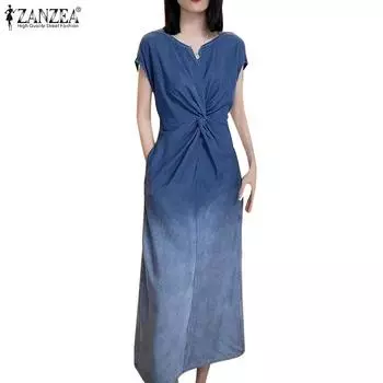 ZANZEA Женское повседневное длинное платье с V-образным вырезом и коротким рукавом с градиентным принтом 4XL темно-синий