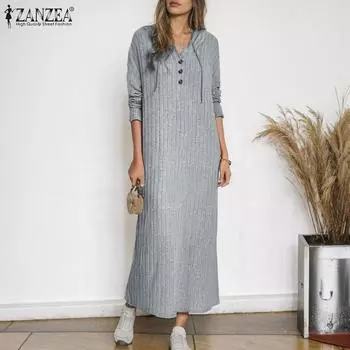 ZANZEA Женское повседневное длинное платье с капюшоном и V-образным вырезом с длинными рукавами S