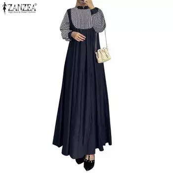 ZANZEA Женское повседневное длинное платье с длинным рукавом и клетчатым принтом в стиле пэчворк S темно-синий