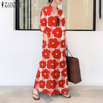 ZANZEA Женское повседневное длинное платье с отложным воротником и цветочным принтом S синий