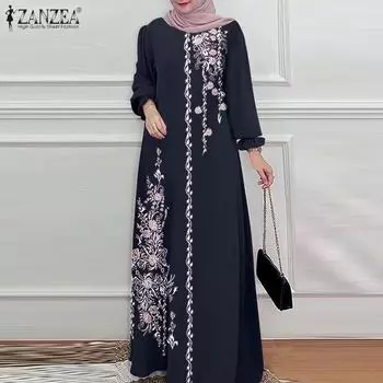 ZANZEA Женское повседневное длинное платье с круглым вырезом и длинным рукавом в стиле ретро с принтом S темно-синий