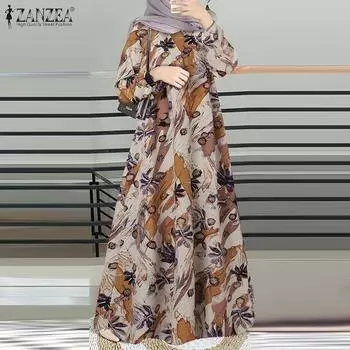 ZANZEA Женское повседневное длинное платье с круглым вырезом и длинным рукавом с принтом S зелёный