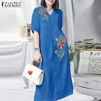 ZANZEA Женское повседневное длинное платье с V-образным вырезом и коротким рукавом с вышивкой S синий