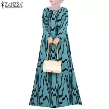 ZANZEA Женское повседневное длинное платье с круглым вырезом и длинным рукавом с принтом S чёрный