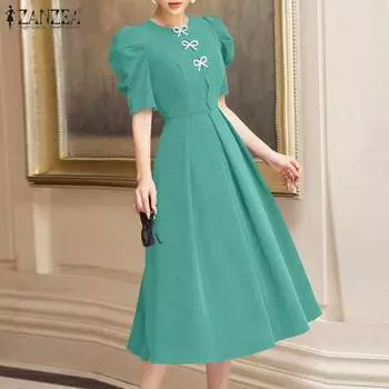 ZANZEA Женское повседневное длинное платье с круглым вырезом и коротким рукавом S чёрный