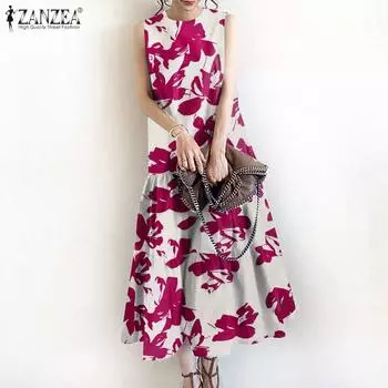 ZANZEA Женское повседневное длинное платье с круглым вырезом без рукавов с принтом на лето S зелёный