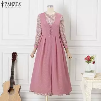 ZANZEA Женское повседневное длинное платье с длинными рукавами и цветочным принтом из двух частей