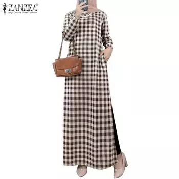 ZANZEA Женское повседневное длинное платье в клетку с круглым вырезом и длинным рукавом в стиле ретро чёрный