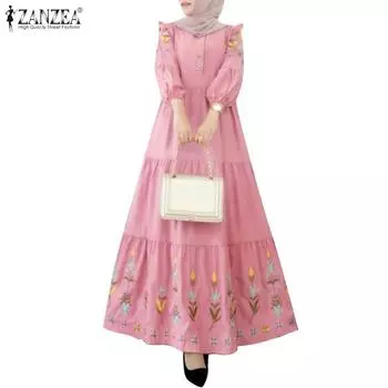 ZANZEA Женское повседневное длинное платье в стиле ретро с длинным рукавом и круглым вырезом с принтом 3XL розовый