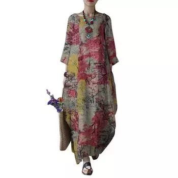 ZANZEA Женское повседневное хлопковое длинное платье с круглым вырезом и рукавами 3/4 в стиле ретро M жёлтый