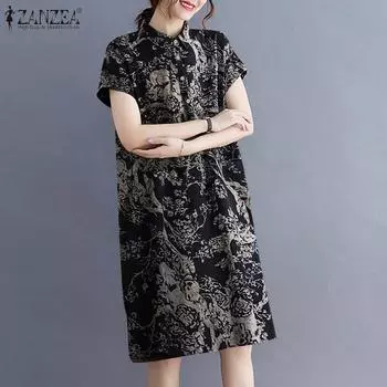 ZANZEA Женское повседневное хлопковое летнее платье с отложным воротником и короткими рукавами