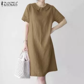 ZANZEA Женское повседневное хлопковое летнее платье с короткими рукавами и круглым вырезом
