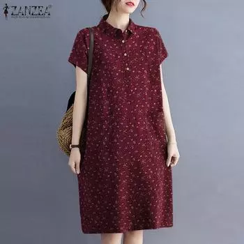 ZANZEA Женское повседневное хлопковое платье с отложным воротником и короткими рукавами 3XL красный