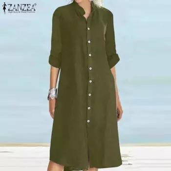 ZANZEA Женское повседневное хлопковое платье с воротником-стойкой и длинными рукавами XL темно-зеленого