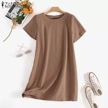ZANZEA Женское повседневное хлопковое платье с круглым вырезом и короткими рукавами, летнее платье