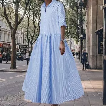 ZANZEA Женское повседневное клетчатое длинное платье-рубашка с отложным воротником и длинными рукавами S чёрный