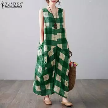 ZANZEA Женское повседневное клетчатое летнее платье без рукавов с круглым вырезом 4XL коричневый