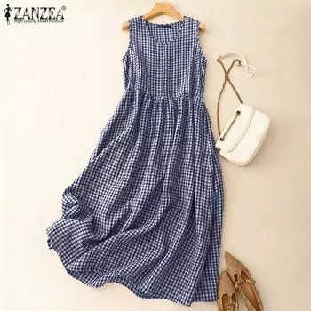 ZANZEA Женское повседневное клетчатое летнее платье без рукавов с круглым вырезом S темно-синий