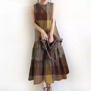 ZANZEA Женское повседневное клетчатое платье-майка без рукавов с круглым вырезом M жёлтый