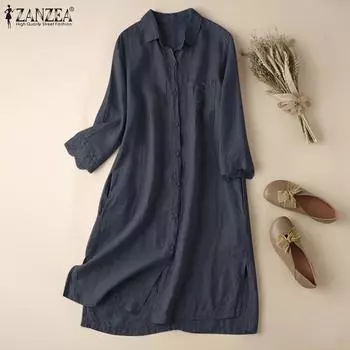 ZANZEA Женское повседневное кружевное лоскутное хлопковое платье-рубашка с длинными рукавами и лацканами