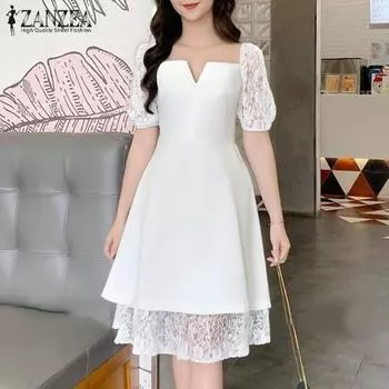 ZANZEA Женское повседневное кружевное лоскутное летнее платье с коротким рукавом S белый