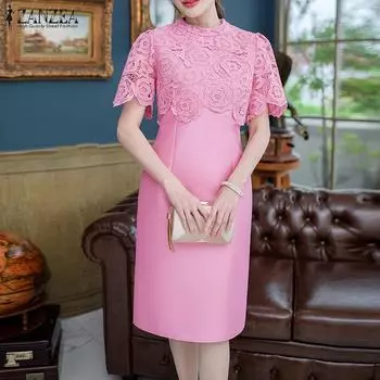 ZANZEA Женское повседневное кружевное лоскутное летнее платье с коротким рукавом S розовый