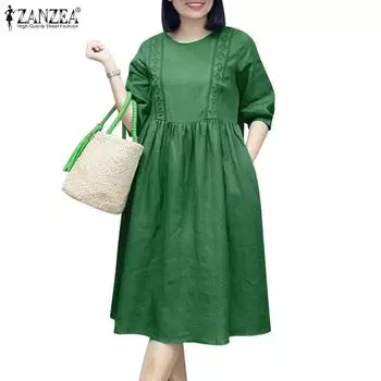 ZANZEA Женское повседневное кружевное лоскутное платье с круглым вырезом и короткими рукавами