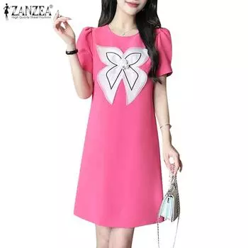 ZANZEA Женское повседневное кружевное лоскутное платье с круглым вырезом и короткими рукавами