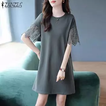 ZANZEA Женское повседневное кружевное лоскутное платье с круглым вырезом и коротким рукавом XL жёлтый