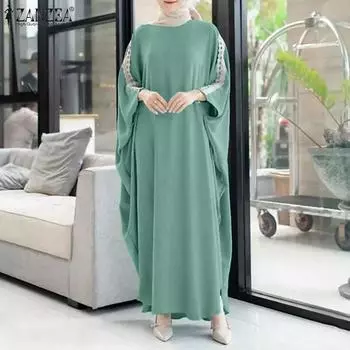 ZANZEA Женское повседневное кружевное лоскутное свободное длинное платье с круглым вырезом и рукавами «летучая мышь»