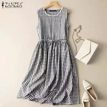 ZANZEA Женское повседневное кружевное платье без рукавов с круглым вырезом и отделкой из хлопка M чёрный