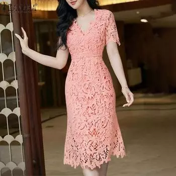 ZANZEA Женское повседневное кружевное платье-футляр с коротким рукавом в стиле пэчворк с вязанным крючком кружевом S чёрный