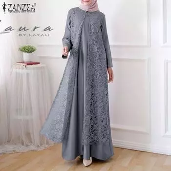 ZANZEA Женское повседневное платье с круглым вырезом и кружевом в стиле пэчворк с длинными рукавами S вино красного