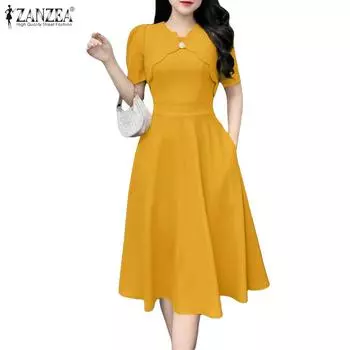 ZANZEA Женское повседневное летнее элегантное длинное платье с коротким рукавом S чёрный