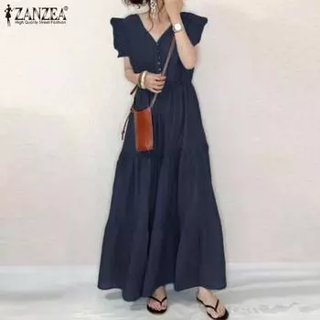 ZANZEA Женское повседневное летнее длинное платье без рукавов с v-образным вырезом