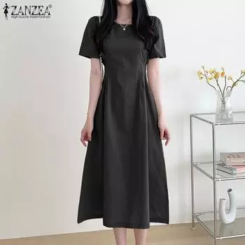 ZANZEA Женское повседневное летнее длинное платье с коротким рукавом и круглым вырезом