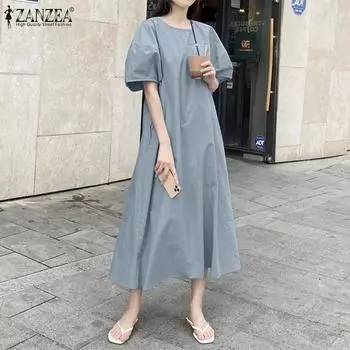 ZANZEA Женское повседневное летнее длинное платье с коротким рукавом и круглым вырезом