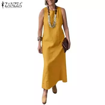 ZANZEA Женское повседневное летнее длинное платье без рукавов с круглым вырезом