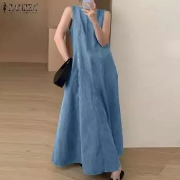 ZANZEA Женское повседневное летнее длинное платье без рукавов с круглым вырезом