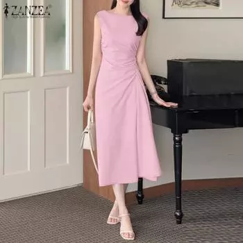 ZANZEA Женское повседневное летнее длинное платье без рукавов с круглым вырезом 2XL розовый