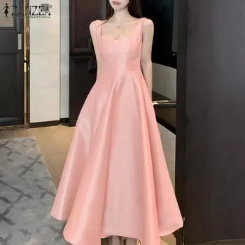 ZANZEA Женское повседневное летнее длинное платье без рукавов с U-образным вырезом S чёрный